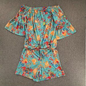 Kaiya Designs Floral Romper‎ XS Off Shoulder Ruffles Sleeves Made USA Drawstring